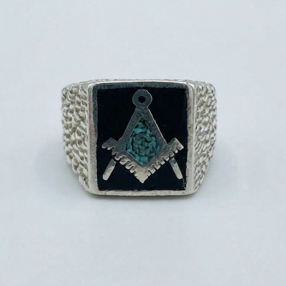 Vintage Southwestern Sterling Silver Masonic Onyx Turquoise Signet "G" Ring Sz 9